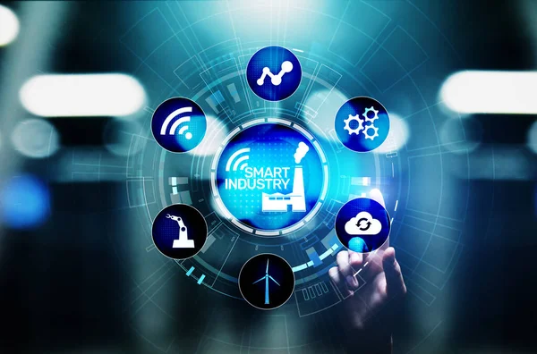 Industria inteligente 4.0, concepto de automatización y optimización en virtual. Concepto de negocios y tecnología moderna —  Fotos de Stock