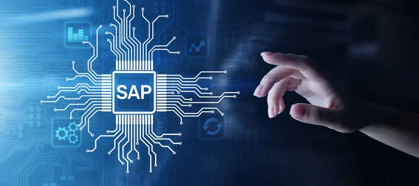 SAP - İş süreci otomasyon yazılımı. Sanal ekranda ERP kuruluşu kaynak planlama sistemi kavramı — Stok fotoğraf