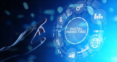 Dijital pazarlama, çevrimiçi reklam, SEO, SEM, SMM. İş ve İnternet kavramı