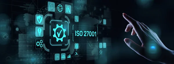 Сертификация стандарта Iso 27001 Гарантия и удовлетворенность клиентов Концепция бизнеса на виртуальном экране — стоковое фото