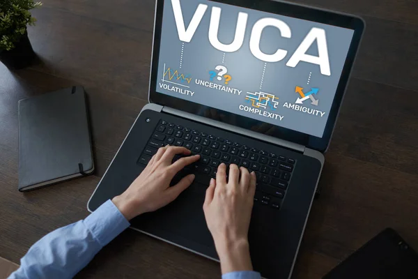 VUCA wereld concept op het scherm. Volatiliteit, onzekerheid, complexiteit, dubbelzinnigheid — Stockfoto