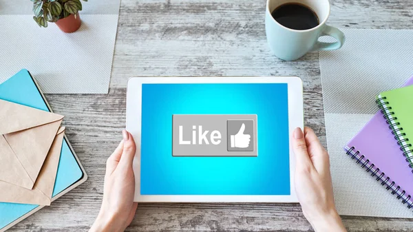 Like button on screen. SMM, Social media marketing concept