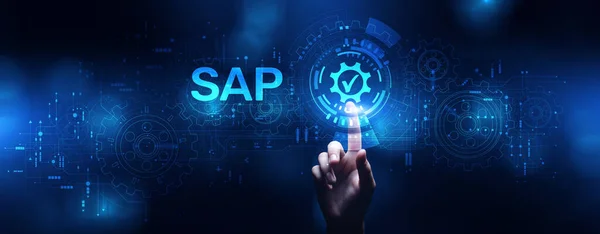 Automatyzacja procesów biznesowych oprogramowania SAP. System planowania zasobów przedsiębiorstwa ERP na wirtualnym ekranie — Zdjęcie stockowe