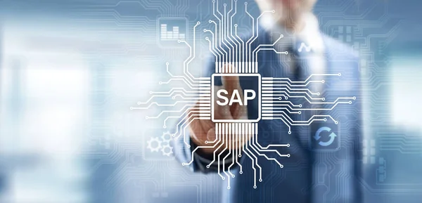 SAP - программное обеспечение для автоматизации бизнес-процессов. Концепция системы планирования ресурсов предприятия ERP на виртуальном экране — стоковое фото