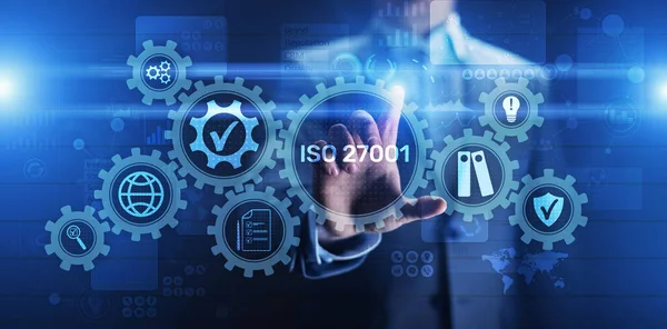 Iso 27001 Standart Standartlaştırma Sertifikası Müşteri Garantisi ve Sanal Ekran İş Konsepti — Stok fotoğraf