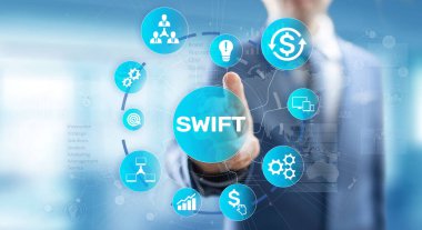 SWIFT uluslararası ödeme sistemi finans teknolojisi bankacılık ve sanal ekranda para transferi konsepti