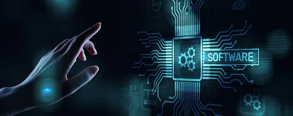 Software ontwikkeling en bedrijfsproces automatisering, internet en technologie concept op virtueel scherm — Stockfoto