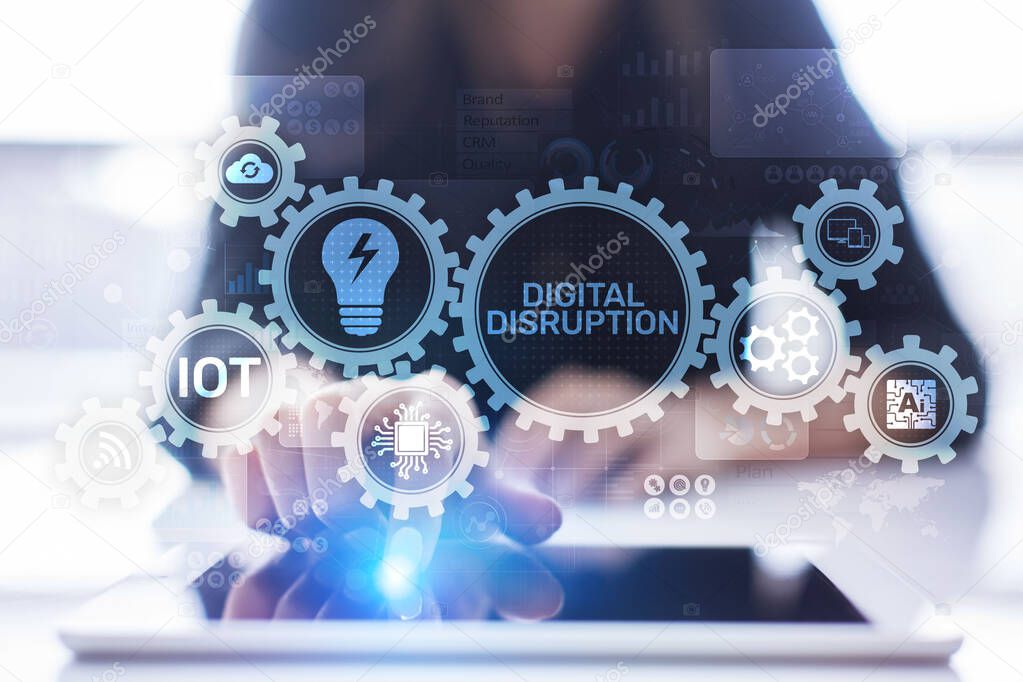Digital Disruption. Disruptive business ideas. IOT internet of things, network, smart city and machines, big data, cloud, analytics, web-scale IT, Artificial intelligence, AI.