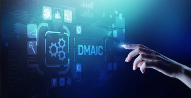 DMAIC Ölçüm Analizini Geliştirme Endüstriyel İş Süreçlerini optimize etme Sanal ekran üzerine altı sigma yassı üretim teknolojisi kavramı.