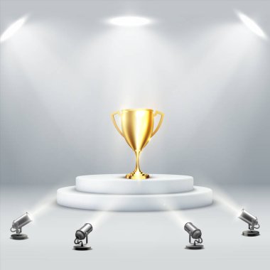 Arka planda altın podyum kupası. Spor kupası. Zafer konsepti. Kazanan ödülü.