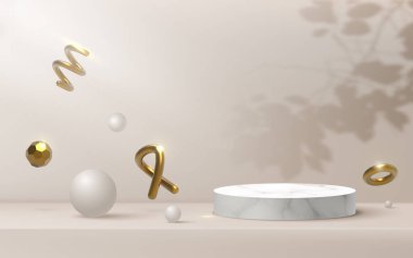 Soyut Pastel Bej Platformu, Sahne ışıklarının ışıltıları altın 3D şekilli gradyan arkaplan.