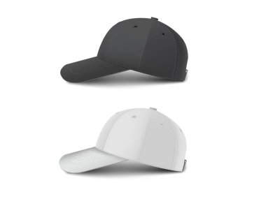 Siyah ve beyaz beyzbol şapkası yan görünüm gerçekçi vektör şablonu.