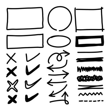 Metin seçmek için el çizimi ögeler kümesi. Beyaz arkaplan üzerinde el çizimi çerçeveler, daire ve oklar.