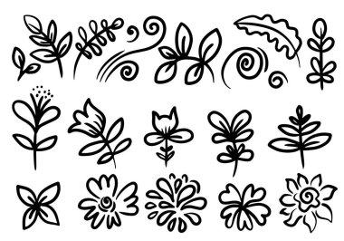 El Kaplama Çiçek elementleri. Girdaplar, yapraklar, dallar ve bukleler. Çiçekler ve dallar karalanıyor