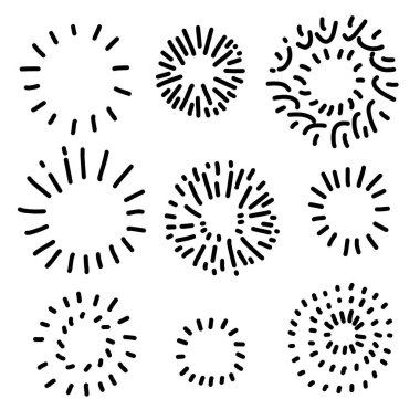 Yıldız patlaması el çizimi, karalama tasarım elementi. Güneş patlaması çizimi.