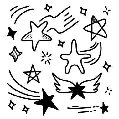 Yıldız el çizimi seti. Siyah vektör yıldız çizimi beyaz arkaplana karalama biçimi ile çizildi