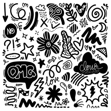 El çizimi karalama tasarımı ögesi, havai fişek, çiçek, bulutlar, kalp, yapraklar, yıldız ve diğer,