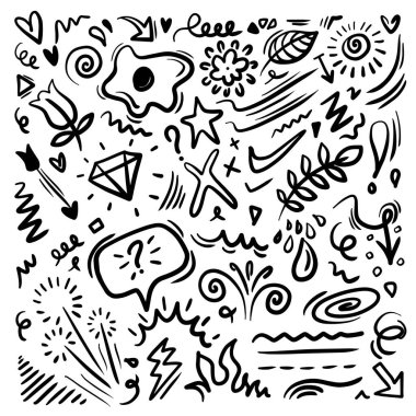 Şirin çizim yıldızı, ok, bulut süsleme ögesi simgesi seti. El çizimi karalama sevimli yıldız, kalp, çiçek elementi. Yazdırma, karikatür, kart, dekorasyon, çıkartma için tasarım.