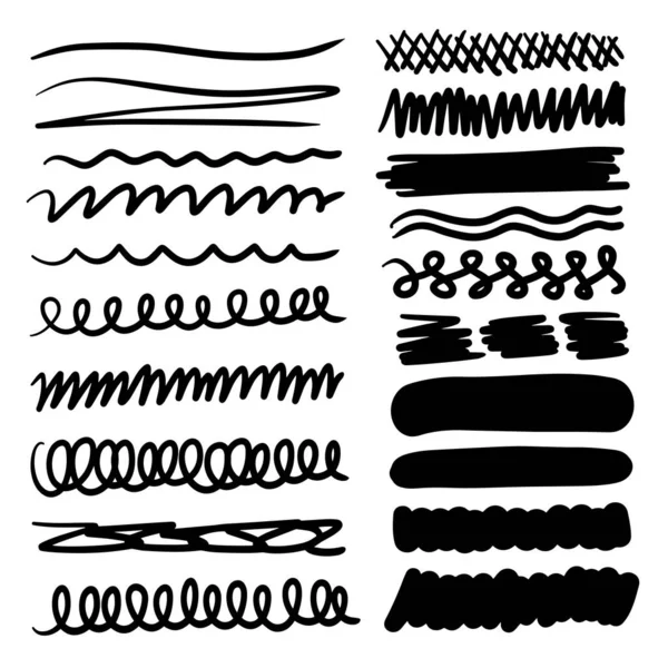 Bir dizi sanatsal kalem fırçası. Elle çizilmiş grunge vuruşları. Çizgiler, web siteleri için çeşitli bölümler. Vektör illüstrasyonu