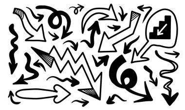 Basit çizgiler dizisi el çizimi siyah oklar çeşitli stillerde. Basit çizgiler dizisi. Elle çizilmiş siyah oklar. Çeşitli basit satır ok koleksiyonu