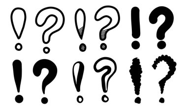 Karalama ünlem işareti ve soru işareti ayarlandı. El çizimi taslak stili ünlem işareti, soru işareti. Karalama karalama uyarı işareti.