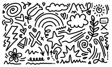 Sevimli dekoratif element simgeleri yıldızlar, oklar ve bulutlar. Sevimli yıldız, kalp ve çiçek elementleriyle elle çizilmiş çizimler. Satır metin dekorasyonu ile simgeleri karala.