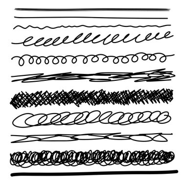 Bir dizi el çizgisi. Karalama tasarımı. Kalemle karala, kalemle çizgiler yap. Tasarım için siyah soyut ögeler.