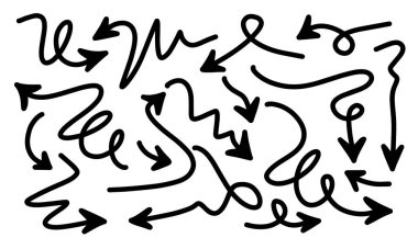 Basit çizgiler dizisi el çizimi siyah oklar çeşitli stilde. Çeşitli basit satır ok koleksiyonu