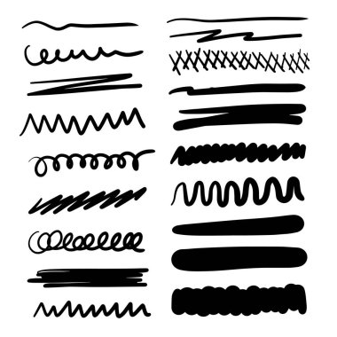 Bir dizi sanatsal kalem fırçası. Elle çizilmiş grunge vuruşları. Çizgiler, web siteleri için çeşitli bölümler. Vektör illüstrasyonu