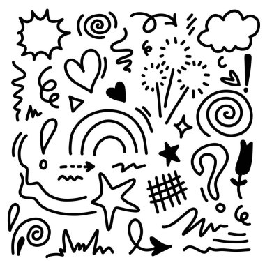 El çizimi karalama tasarımı elementleri. bulut, ok, kalp, havai fişek, vurgu, yıldız, yapraklar ve diğer