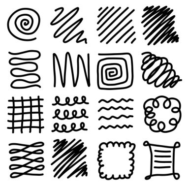 Elle çizilmiş çizgi koleksiyonu. Soyut el çizimi eğri çizgi seti. Dekoratif el çizimi dalgalı çizgi. Karışık, eğri büğrü doğrusal karalama şekilleri. Vektör illüstratörü