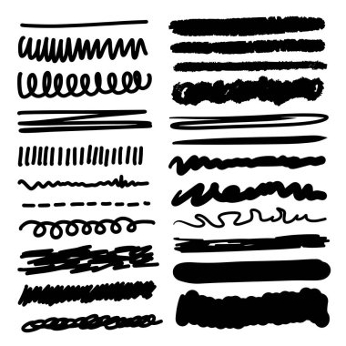 Çizgiler, el çizgileri, karalama çizgileri, farklı kalınlık fırça çizgileri. Karalama çizgilerinin vektör illüstrasyonu.