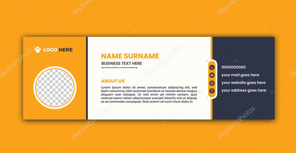 Email signature template with modern design in yellow and dark blue.