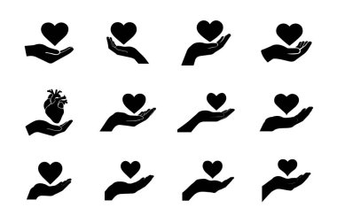 Sevgi, ilgi ve sağlık simgelerini temsil eden kalp simgelerini tutan el koleksiyonu.