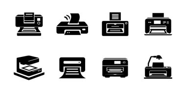 Silüet grafik biçiminde çeşitli yazıcı aygıtları ve ofis makineleri