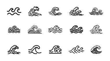 Deniz ve deniz temaları için biçimlendirilmiş vektör dalga çizimleri koleksiyonu.