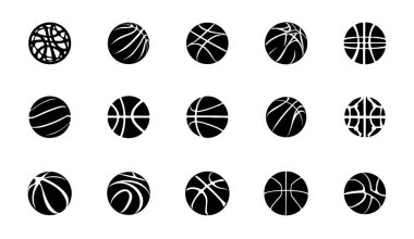 Çeşitli stil ve yönelimlerdeki tek renkli basketbol vektörleri dizisi