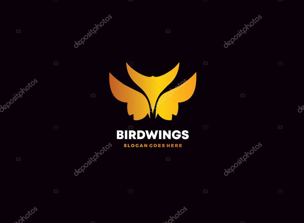 Stylized golden bird wings logo design on a dark black background