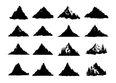 Beyaz arka planda izole edilmiş 12 eşsiz dağ silueti vektörünün toplanması