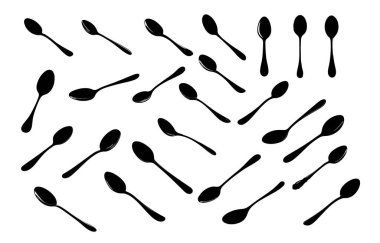 Beyaz üzerine siyah kaşıkların dağınık bir düzenini içeren tek renkli vektör çizimi