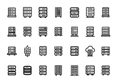 Farklı biçimlerde ve tasarımlarda çeşitli sunucu simgelerinin koleksiyonu