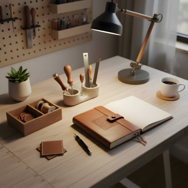 Bu resim titizlikle organize edilmiş bir zanaatkârın çalışma alanını gösteriyor. Muhtemelen deri işçiliği, günlük ya da yaratıcı uğraşlara adanmış. Odak noktası açık renkli ahşap bir masa. Sol taraftaki pencereden gelen doğal ışıkla yıkanmış..