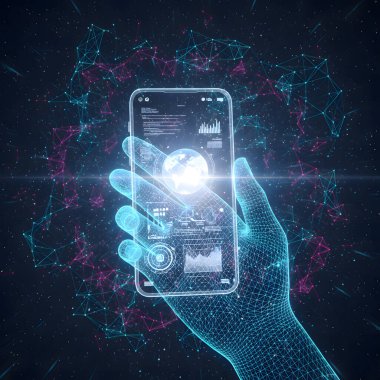 Mobil bilgisayar ve veri etkileşiminin geleceksel ve yüksek teknolojili bir konseptini tasvir ediyor. Parlak, şeffaf mavi bir tel gibi yapılmış bir el.