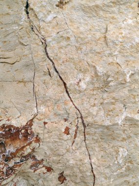 Yıpranmış bir taş yüzeyin detaylı bir yakın çekimi. Toprak bej, pas tonları, organik mineral lekeleri ve doğal dokular soyut, kırsal bir desen oluşturuyor..