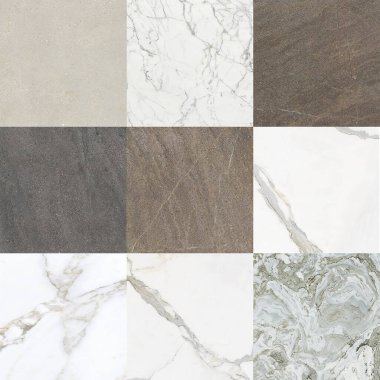 Mermer, granit ve beton yüzey dokularının karışımından oluşan bir şebeke yapısı. Görüntü yumuşak damarlı zarif beyaz mermer organik mineral desenli ılık tonlu granit ve endüstriyel gri çimento kaplamaları sergiliyor. Nötrr