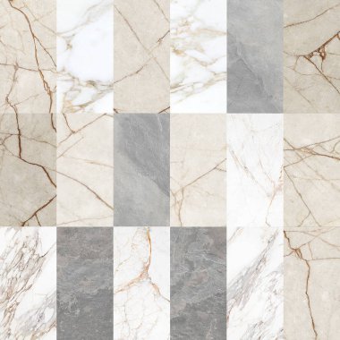 Mermer, granit ve beton yüzey dokularının karışımından oluşan bir şebeke yapısı. Görüntü yumuşak damarlı zarif beyaz mermer organik mineral desenli ılık tonlu granit ve endüstriyel gri çimento kaplamaları sergiliyor. Nötrr