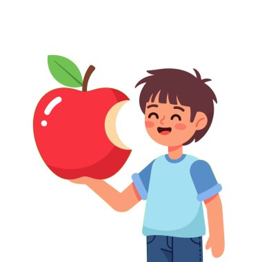 Büyük, sağlıklı elma çerezi çizgi filmi çizimi olan küçük mutlu çocuk.