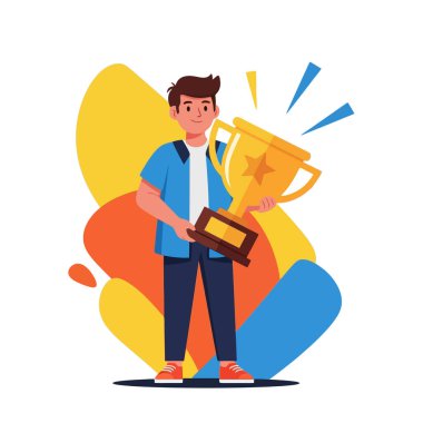 Zafer kazanmış genç adam gururla altın kupa taşıyor.