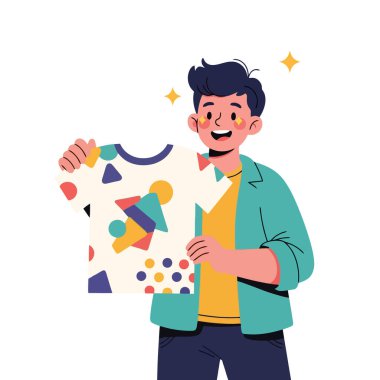 Neşeli genç adam canlı geometrik desenli tişört tasarımı sunar.