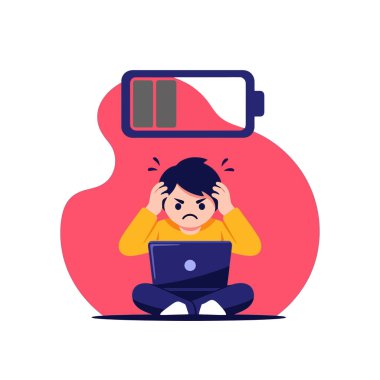 Dizüstü bilgisayarı olan stresli öğrenci dijital yorgunluktan bitap düşmüş durumda.